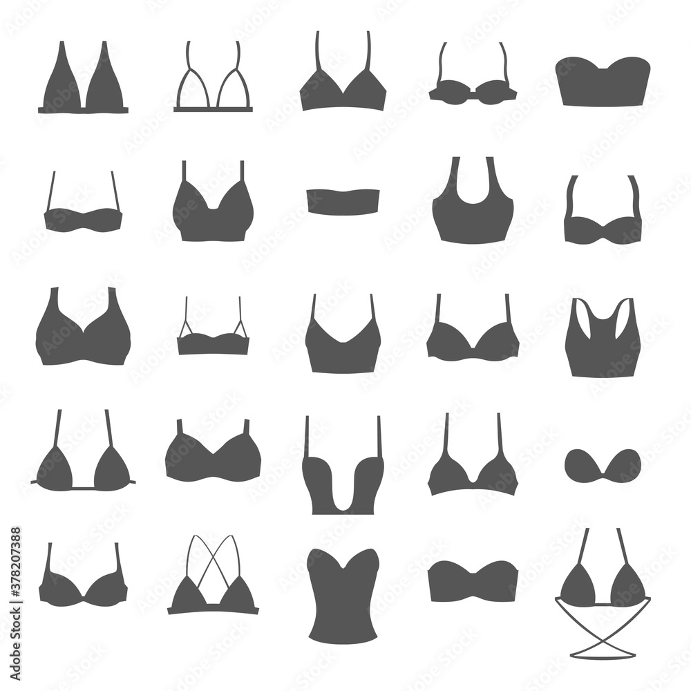 Set of black icons of different bras on a white background, women's underwear in different styles Set of black icons of different bras on a white background, women's underwear in different styles