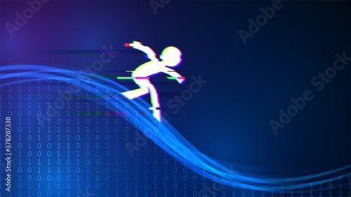 Technological illustration with digital wave man icon. Concept of web surfing and fast internet