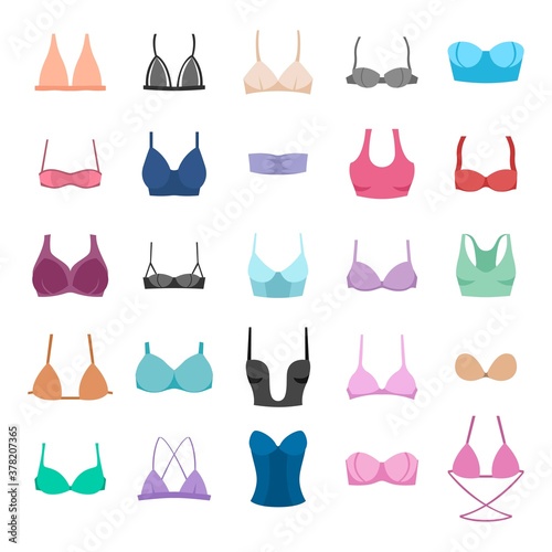 Set of different bras on a white background, women's underwear in different styles