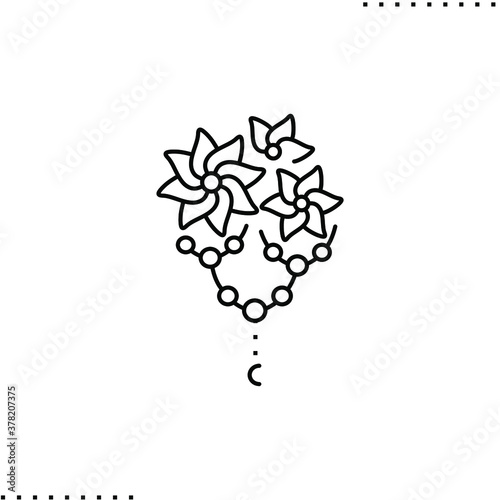 brooch, three flowers and a pendant made of chain and round beads vector icon in outlines