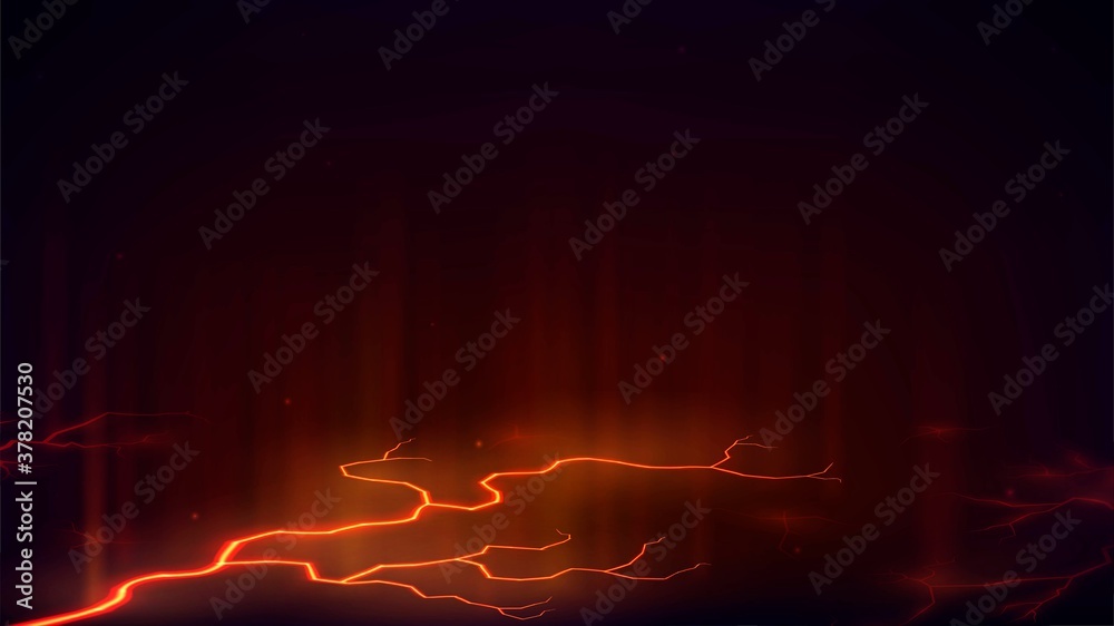 Dark illustration of a flaming crack in the ground with orange lava, volcanic break