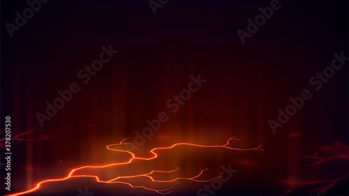 Dark illustration of a flaming crack in the ground with orange lava, volcanic break