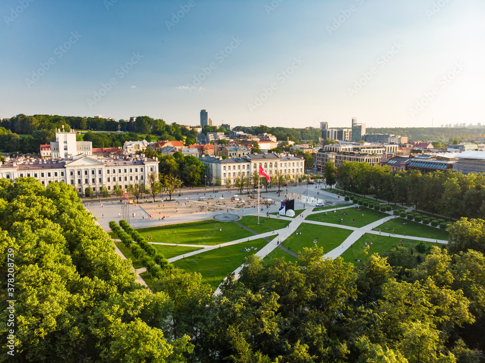 Aerial view of newly renovated Lukiskes square, Vilnius. Sunset landscape of UNESCO-inscribed Old Town of Vilnius, Lithuania.