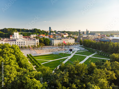 Aerial view of newly renovated Lukiskes square, Vilnius. Sunset landscape of UNESCO-inscribed Old Town of Vilnius, Lithuania.