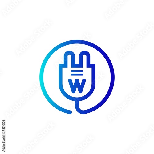 electric plug icon w letter logo with gradient. Blue and sky gradient simple vector line art electric plug logo in a round frame