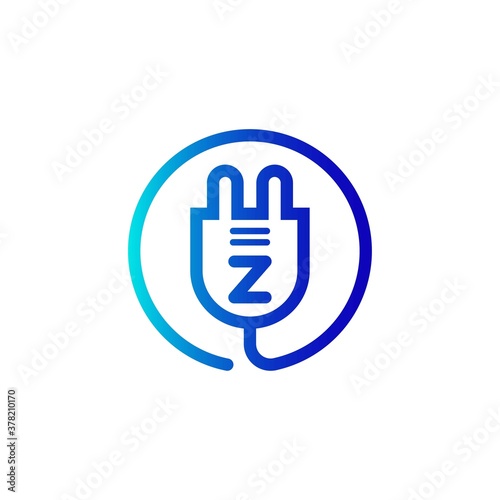 electric plug icon z letter logo with gradient. Blue and sky gradient simple vector line art electric plug logo in a round frame