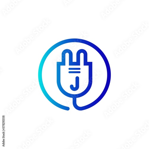 electric plug icon j letter logo with gradient. Blue and sky gradient simple vector line art electric plug logo in a round frame