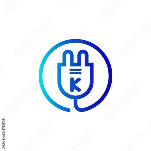 electric plug icon k letter logo with gradient. Blue and sky gradient simple vector line art electric plug logo in a round frame