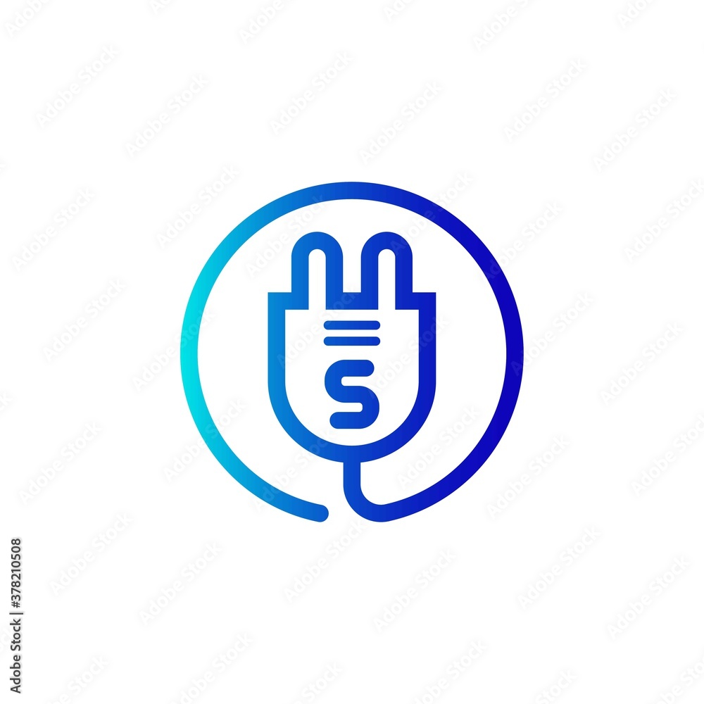 electric plug icon s letter logo with gradient. Blue and sky gradient simple vector line art electric plug logo in a round frame electric plug icon s letter logo with gradient. Blue and sky gradient simple vector line art electric plug logo in a round frame