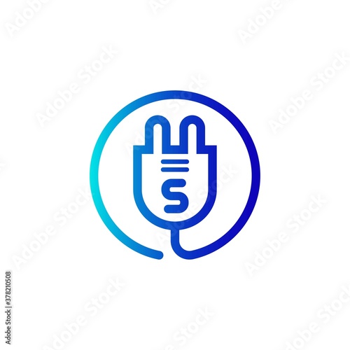 electric plug icon s letter logo with gradient. Blue and sky gradient simple vector line art electric plug logo in a round frame