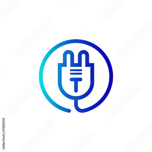 electric plug icon t letter logo with gradient. Blue and sky gradient simple vector line art electric plug logo in a round frame