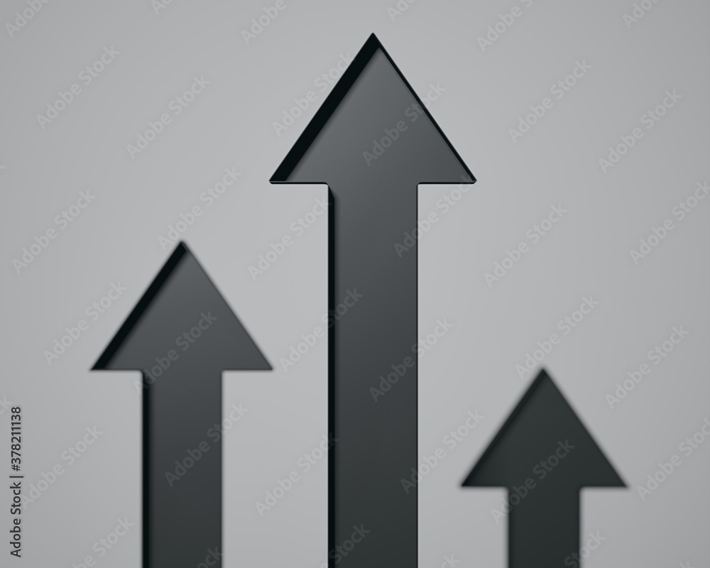 Three black arrows pointing up isolated on dark background; arrows design template; creative business growth concept; top view; copy space; depth of field; 3d rendering, 3d illustration