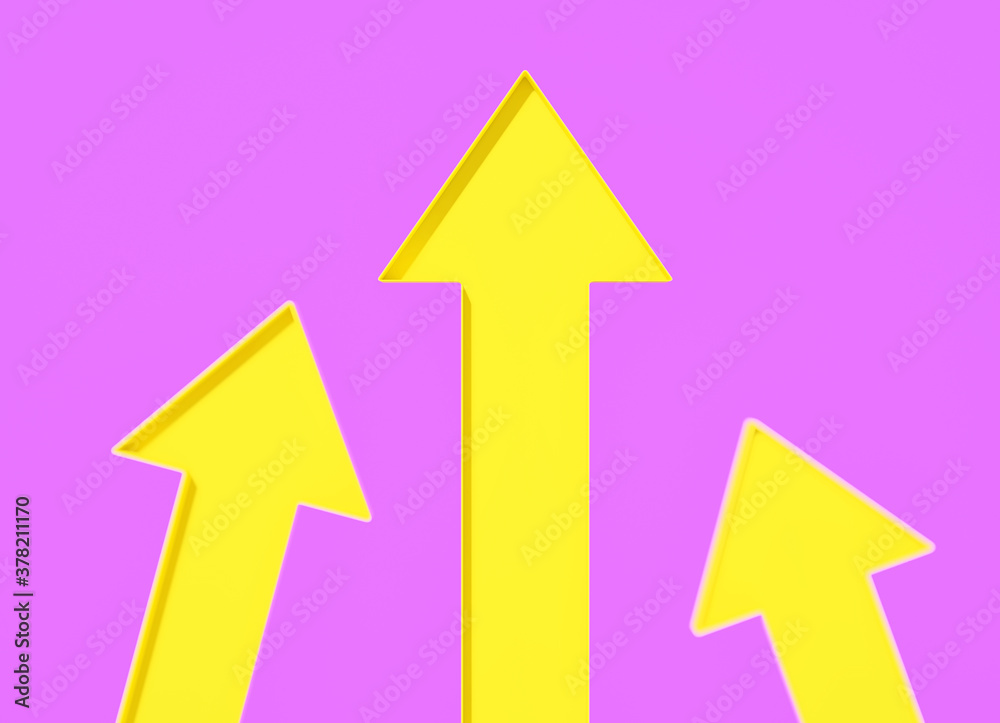 Three yellow arrows pointing up isolated on light violet background; arrows design template; creative business growth concept; top view; copy space; depth of field; 3d rendering, 3d illustration Three yellow arrows pointing up isolated on light violet background; arrows design template; creative business growth concept; top view; copy space; depth of field; 3d rendering, 3d illustration