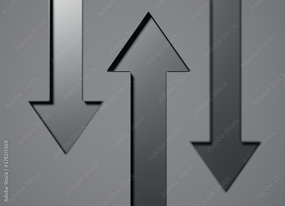Three black arrows isolated on dark background pointing to opposite direction; conflict of interest; creative business template; top view, depth of field; 3d rendering, 3d illustration Three black arrows isolated on dark background pointing to opposite direction; conflict of interest; creative business template; top view, depth of field; 3d rendering, 3d illustration