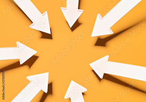 Many white arrows pointing towards the center on orange background; focus point; point of interest; symbol of goal and objective; close up, perspective view; 3d rendering, 3d illustration