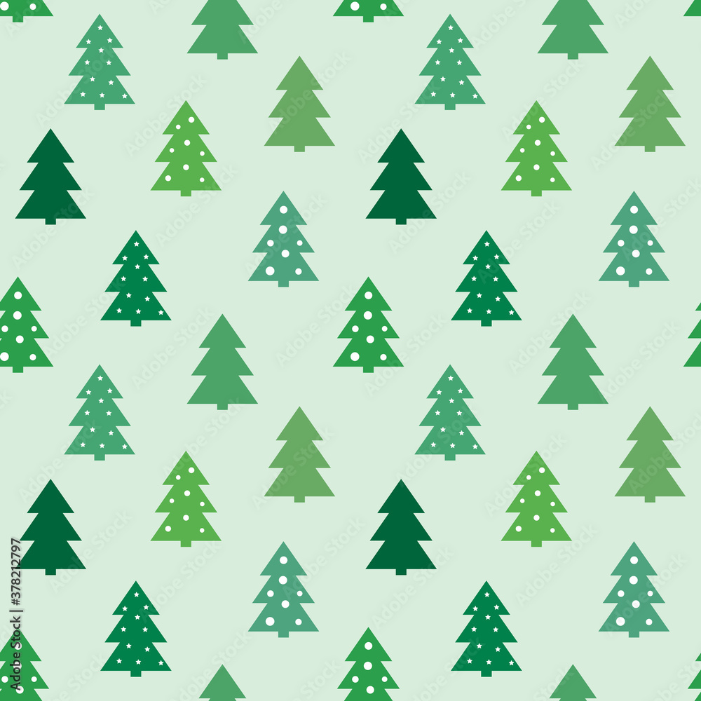 Green Christmas trees flat seamless pattern.