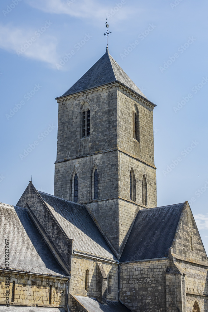 Norman Romanesque style Church of Notre Dame (XII century) in Etretat. Etretat is a commune in Seine-Maritime department in Haute-Normandie region in France.