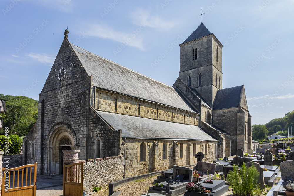 Norman Romanesque style Church of Notre Dame (XII century) in Etretat. Etretat is a commune in Seine-Maritime department in Haute-Normandie region in France.