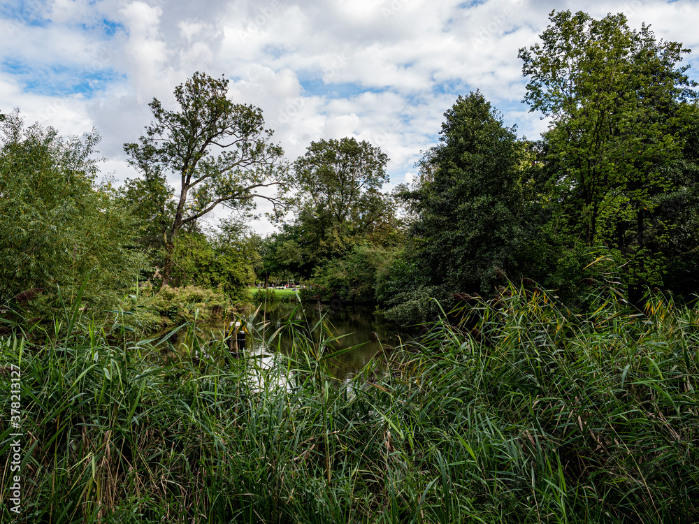 Amsterdam, Netherlands, 6 September 2020: Trees and lake in Vondelpark Amsterdam, Netherlands, 6 September 2020: Trees and lake in Vondelpark