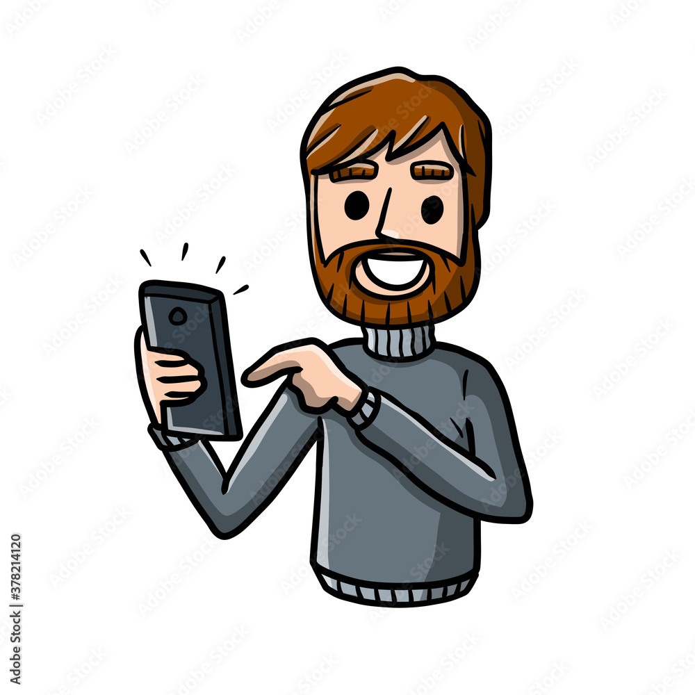 Man with mobile phone. Cartoon hand drawn sketch illustration. Young guy with modern device. Happy character