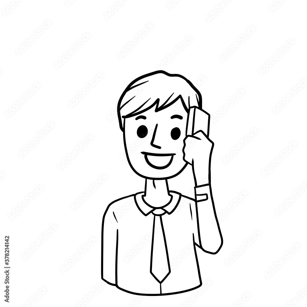 Bearded Man with mobile phone. Cartoon hand drawn sketch illustration. Boy with modern device