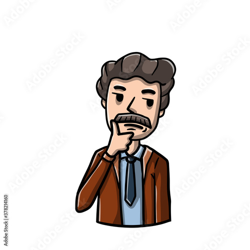 Old thoughtful man holds hand to chin. Dreamy and pensive senior. Gesture of doubt. Complex issue. Solve problems. Suspicion and distrust. Cartoon hand drawn sketch. brooding and wistful emotion