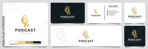 podcast leaves ,with line art style and gold color, logo design inspiration