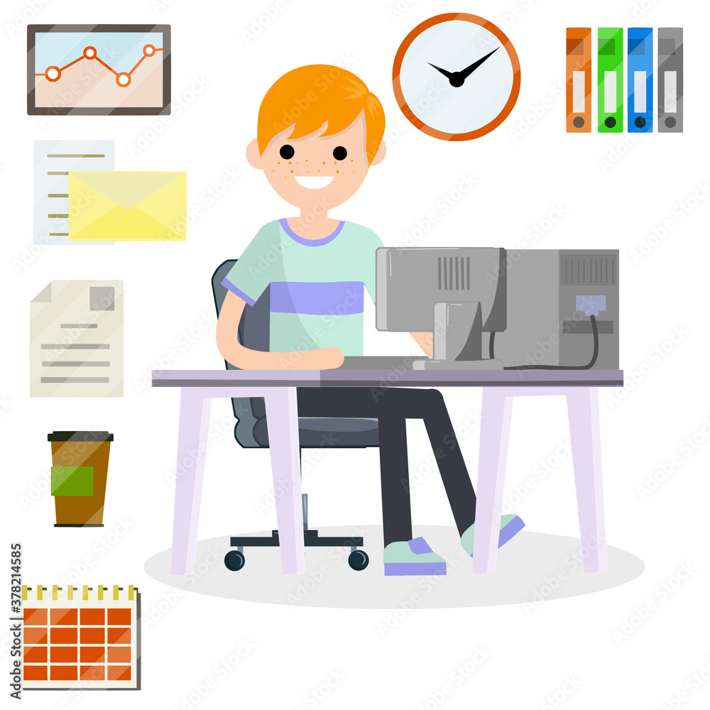 Man sitting at computer in office. Cartoon flat illustration. Work with PC. Set for business work-schedule, hours, file documents, letter, coffee, calendar. Company employee and office items