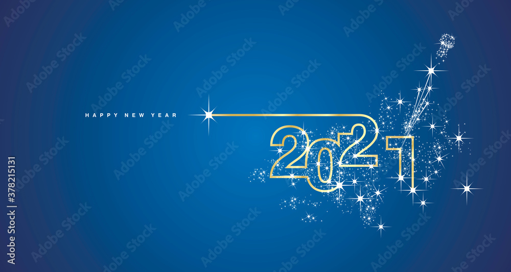 Plakat New Year 2021 line design firework champagne gold shining white blue vector
