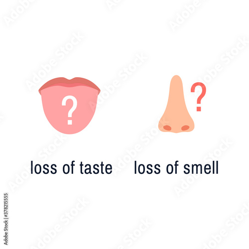 Protruding tongue mouth nose flat icons isolated on white background. Smell and taste sense loss concept with question mark Flu virus cold coronavirus runny nose symptom sign Color vector illustration