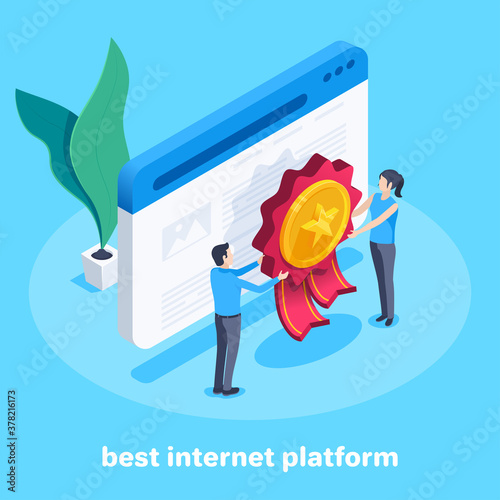 isometric vector image on a blue background, a man and a woman hang an award on the website page, best internet platform