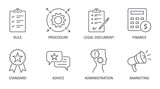 Vector guideline icons. Editable stroke. Procedure standard administration rules. Legal document finance marketing advice. Simple elements for infographics, websites
