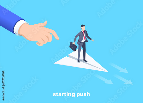 isometric vector image on a blue background, a man in a business suit launches a paper airplane on which the man is, starting push