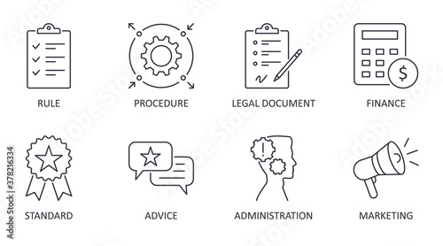 Vector guideline icons. Editable stroke. Procedure standard administration rules. Legal document finance marketing advice. Simple elements for infographics, websites photo