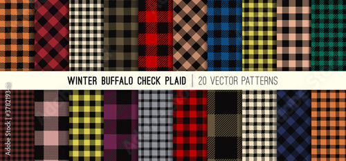 Winter Colors Buffalo Check Plaid Vector Patterns. Fall 2020 Winter 2021 Fashion Forecast. Lumberjack Flannel Shirt Fabric Textures. Repeating Pattern Tile Swatches Included