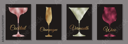 Set of golden, pink, red glittering decorative glasses for wine, champagne, cocktails, vermouth on a black background.