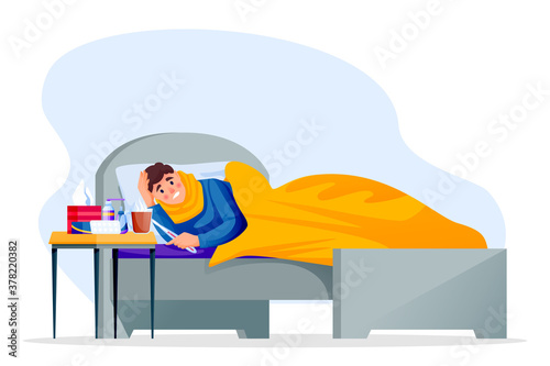 Flu sick young man lying in bed under blanket. Boy have autumn or winter seasonal cold infection. Vector illustration