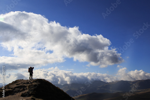 Silhouette of hiker in the Romanian Carpathian mountains