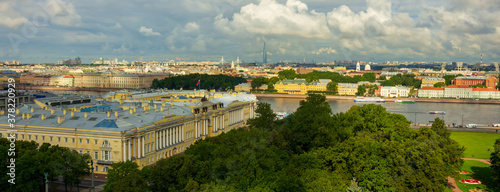 Panoramic view of the buildings of the Senate and Synod  Vasilievsky Island and the Neva River from the colonnade of St. Isaac s Cathedral in St. Petersburg  Russia