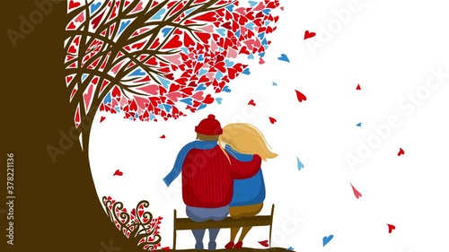 A couple in love sits under a tree. Falling hearts. Happy Valentine's Day. Animation