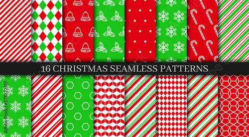 Christmas seamless patterns collection. Xmas New year texture. Festive seamless background with holly, bells, snowflakes, candycane lollipop and geometric ornament. Holiday wrapping paper. Vector