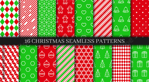 Xmas New year texture. Christmas seamless patterns collection. Festive seamless background with holly, bells, snowflakes, candycane lollipop and geometric ornament. Holiday wrapping paper. Vector