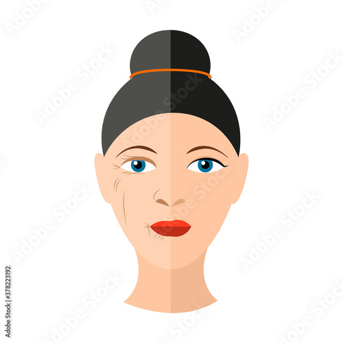 Vector illustration before and after face lifting Isolated image with two halves of female face with wrinkles and without they