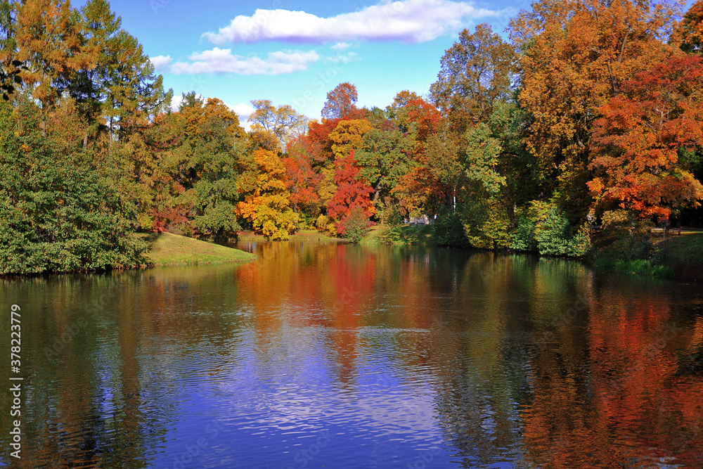 Fototapeta premium ake in the autumn park, trees are dressed in autumn clothes and are reflected in the water. horizontal photo.
