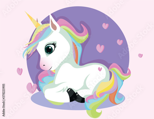 White Unicorn vector illustration for children design. Rainbow hair. Isolated. Cute fantasy animal.Print