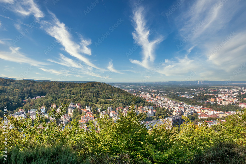 Scenic view of the buildings and castles of the termal city of Karlovy Vary, Czechia