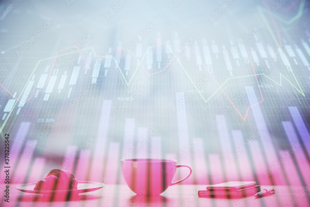 Double exposure of forex chart over coffee cup background in office. Concept of financial analysis and success. Double exposure of forex chart over coffee cup background in office. Concept of financial analysis and success.