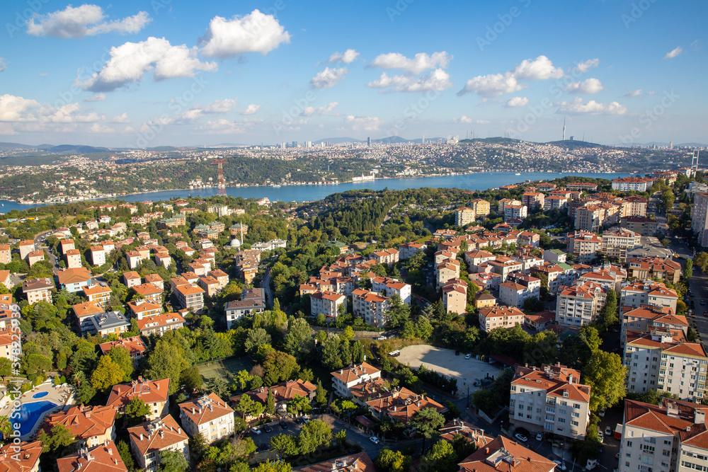 High angle aerial view of houses in Etiler region of Besiktas district and Bosphorus on the background, Istanbul, Turkey.