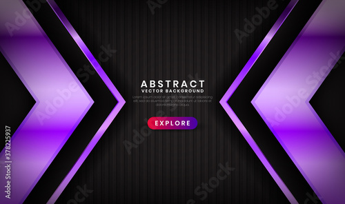 Abstract 3D black and purple metallic background with shiny effect. Overlap layers on dark space with stripes patterns. Modern graphic design template elements for banner, flyer, cover, or brochure
