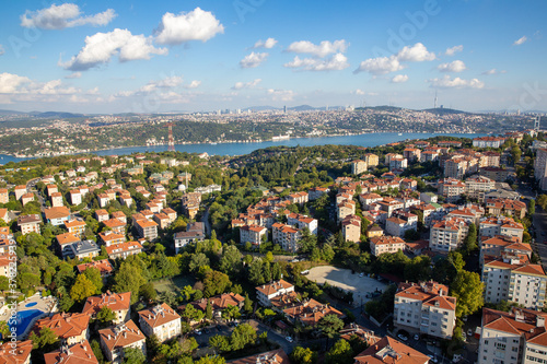 High angle aerial view of houses in Etiler region of Besiktas district and Bosphorus on the background, Istanbul, Turkey. photo